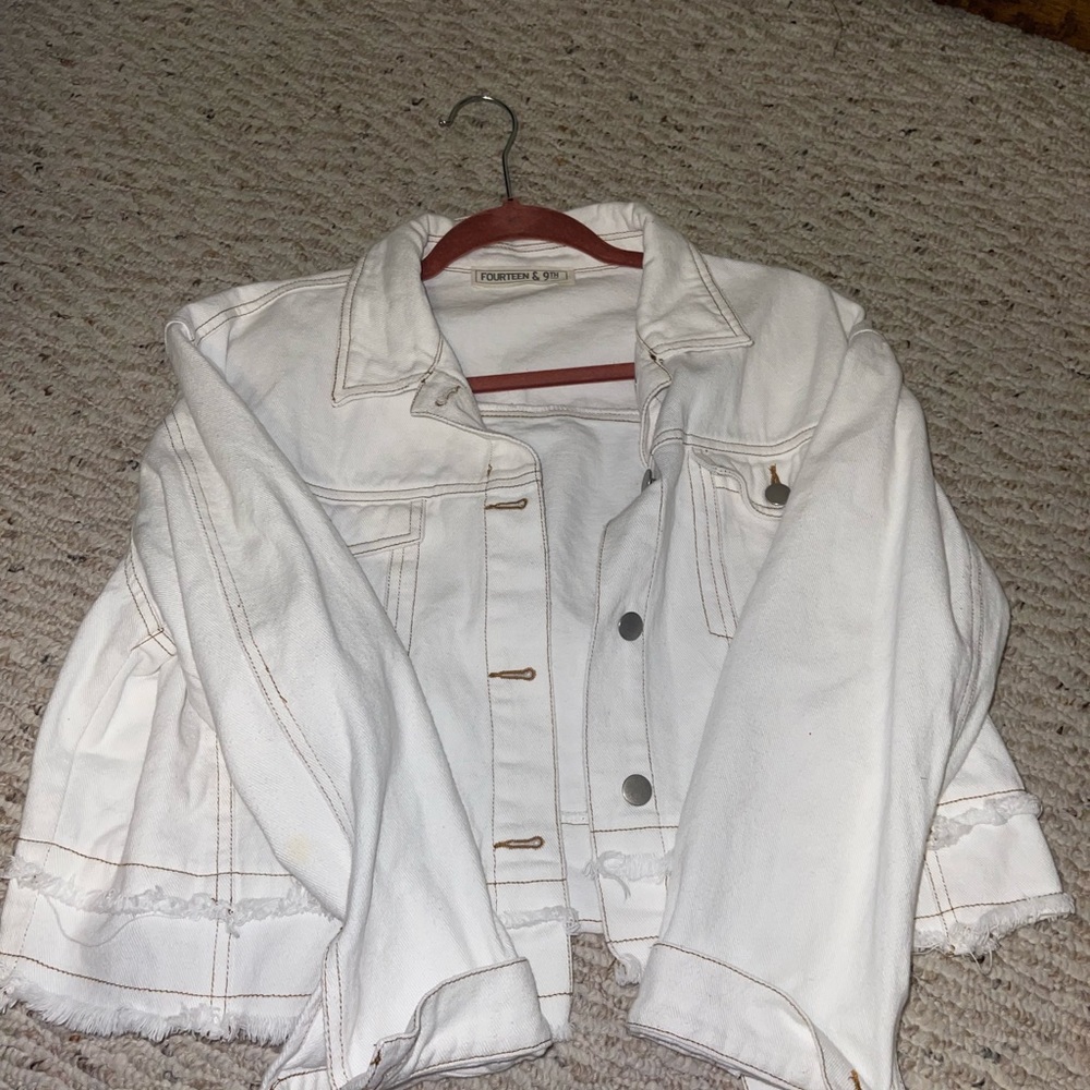 Cropped white denim jacket